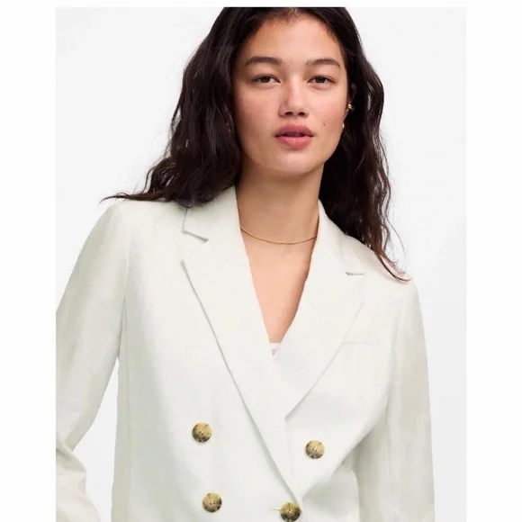 Madewell Women's Double-Breasted Crop Blazer in 100% Linen Salt Size 2 - Picture 3 of 10